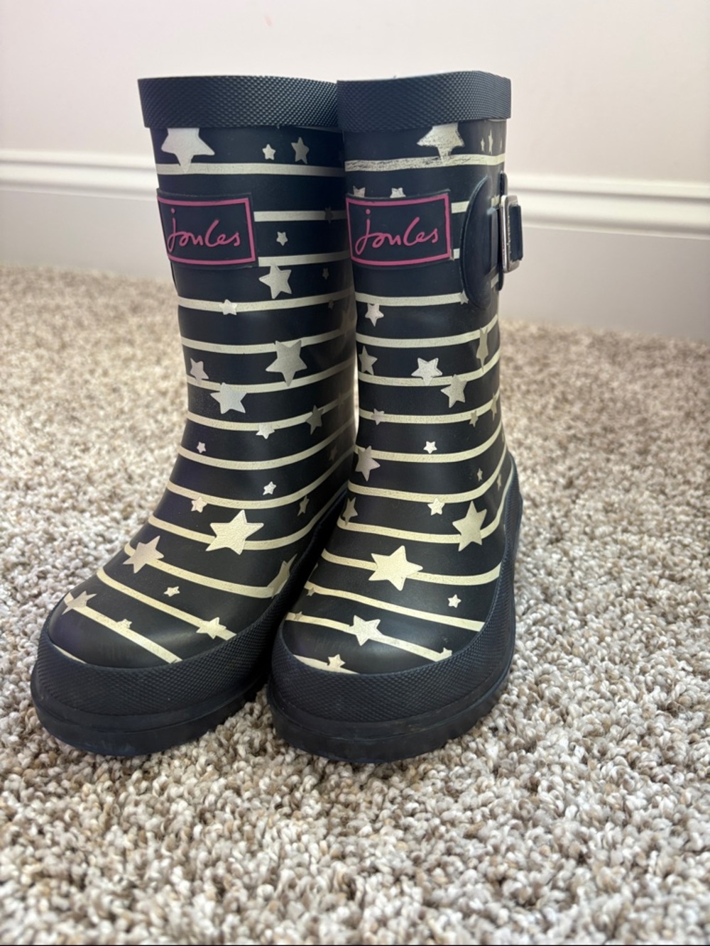 Joules Black Rain Boots with Gold Stars & Stripes